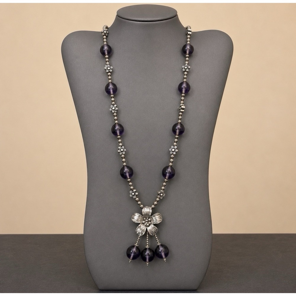 Vintage Lavender Purple Lucite Bead Tassel Necklace Silver Tone Flower Pendant
